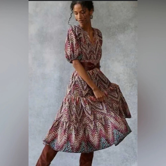 Anthropologie Burgundy and Blue Chevron Midi Dress - Picture 1 of 15